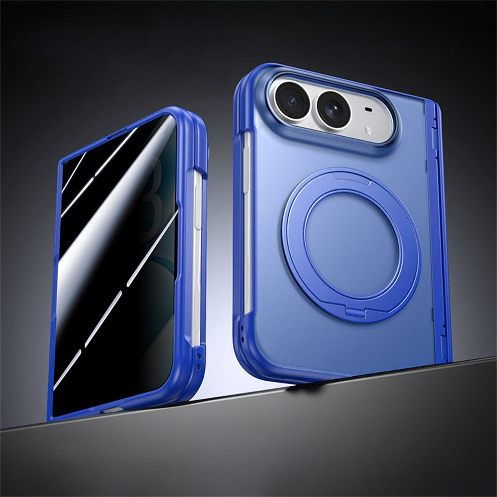 For iPhone Fold Case with Anti-Spy Tempered Glass Film Magnetic Rotatable Kickstand PC Phone Cover