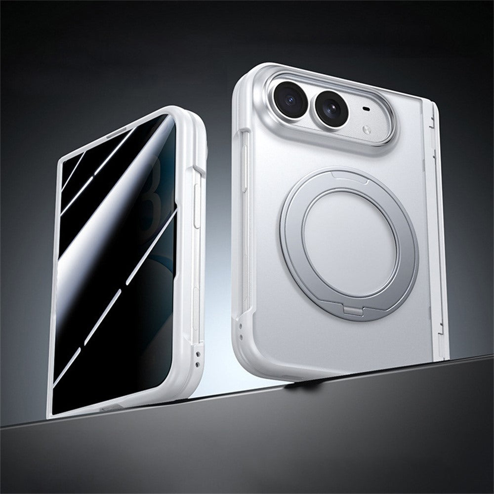 For iPhone Fold Case with Anti-Spy Tempered Glass Film Magnetic Rotatable Kickstand PC Phone Cover