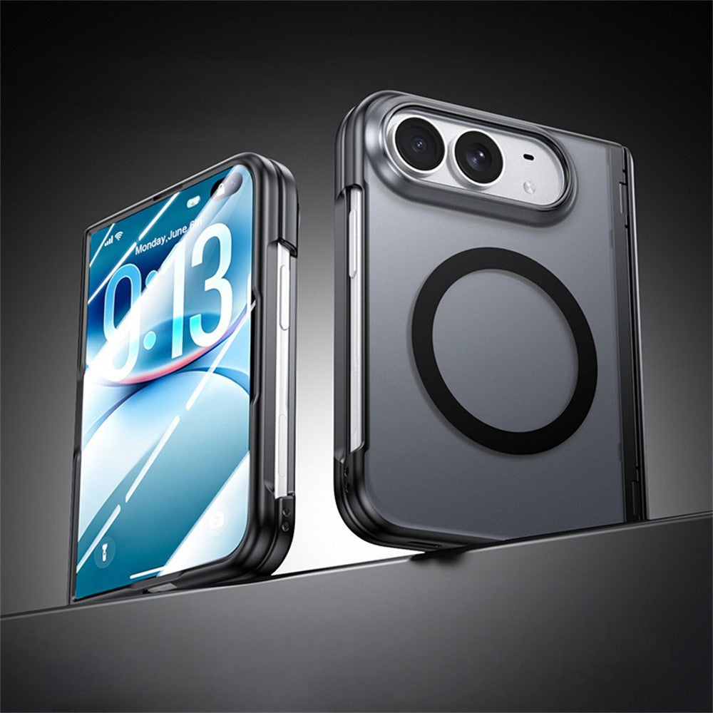 For iPhone Fold Magnetic Case with HD Clear Tempered Glass Film Hinge Protection Matte PC Phone Cover