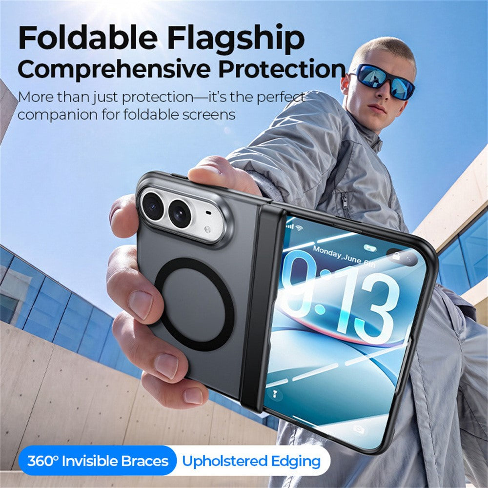 For iPhone Fold Magnetic Case with HD Clear Tempered Glass Film Hinge Protection Matte PC Phone Cover