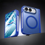 For iPhone Fold Magnetic Case with HD Clear Tempered Glass Film Hinge Protection Matte PC Phone Cover