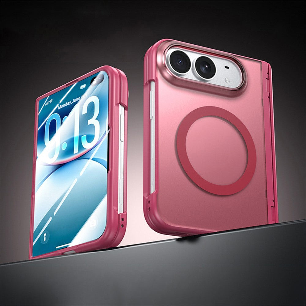 For iPhone Fold Magnetic Case with HD Clear Tempered Glass Film Hinge Protection Matte PC Phone Cover