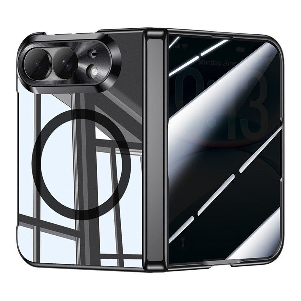 For iPhone Duo Magnetic Case with Anti-Spy Tempered Glass Film, Hinge Protection Electroplated PC Phone Cover