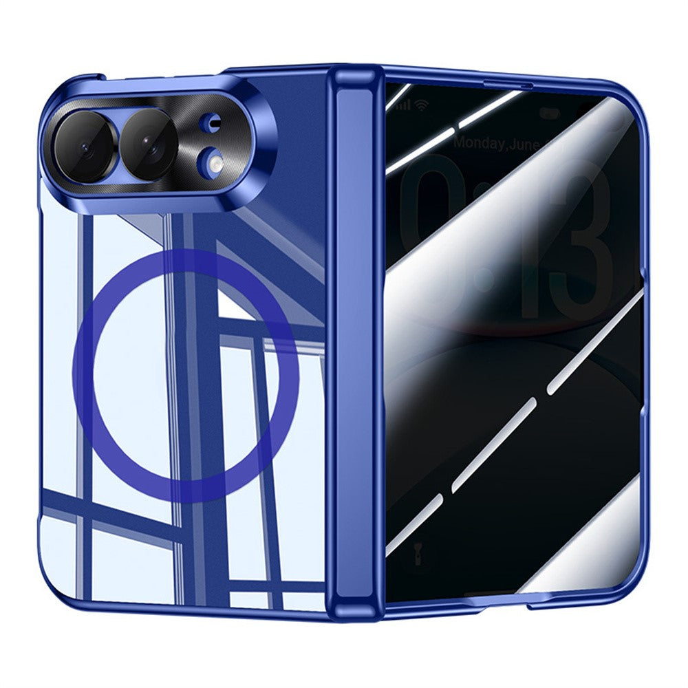 For iPhone Duo Magnetic Case with Anti-Spy Tempered Glass Film, Hinge Protection Electroplated PC Phone Cover