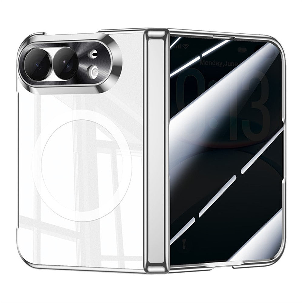 For iPhone Duo Magnetic Case with Anti-Spy Tempered Glass Film, Hinge Protection Electroplated PC Phone Cover