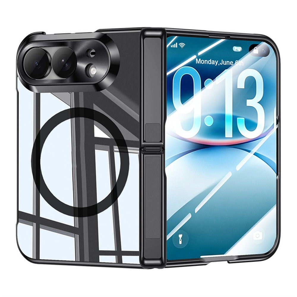 For iPhone Fold Magnetic Case with HD Clear Screen Film, Hinge Kickstand Electroplated PC Phone Cover