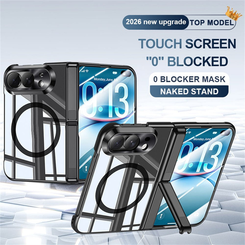 For iPhone Fold Magnetic Case with HD Clear Screen Film, Hinge Kickstand Electroplated PC Phone Cover