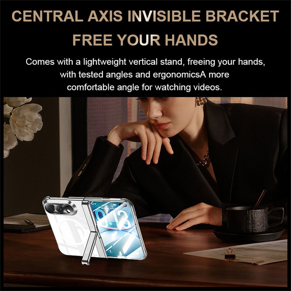 For iPhone Fold Magnetic Case with HD Clear Screen Film, Hinge Kickstand Electroplated PC Phone Cover