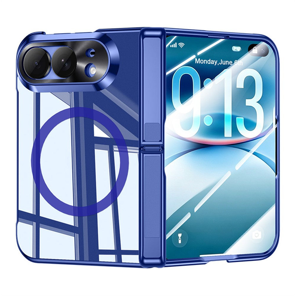 For iPhone Fold Magnetic Case with HD Clear Screen Film, Hinge Kickstand Electroplated PC Phone Cover