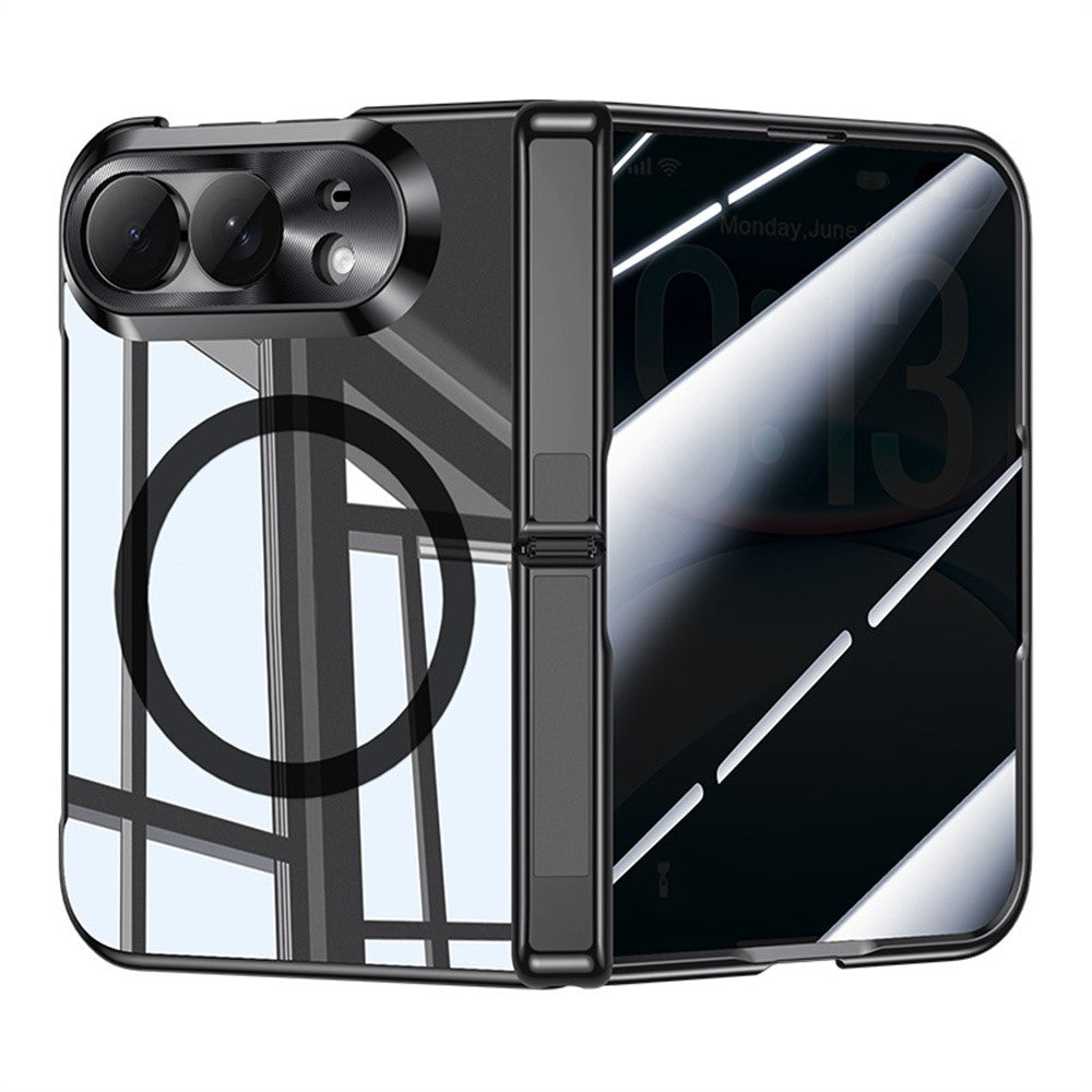 For iPhone Fold Magnetic Case with Anti-Spy Screen Film, Hinge Kickstand Electroplated PC Phone Cover