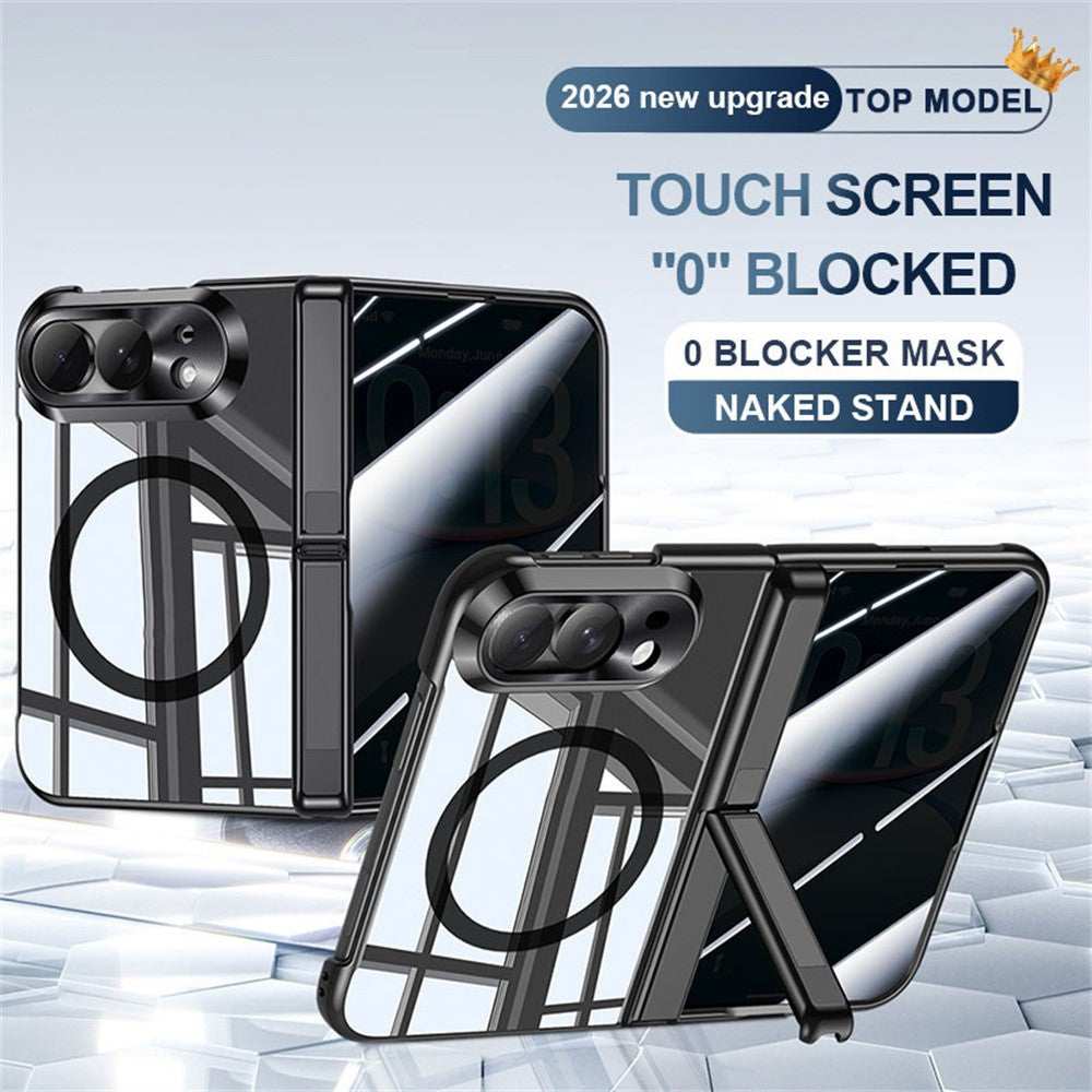 For iPhone Fold Magnetic Case with Anti-Spy Screen Film, Hinge Kickstand Electroplated PC Phone Cover