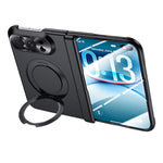 For iPhone Duo Case Magnetic Rotating Kickstand Hard PC Phone Cover with HD Clear Tempered Glass Film