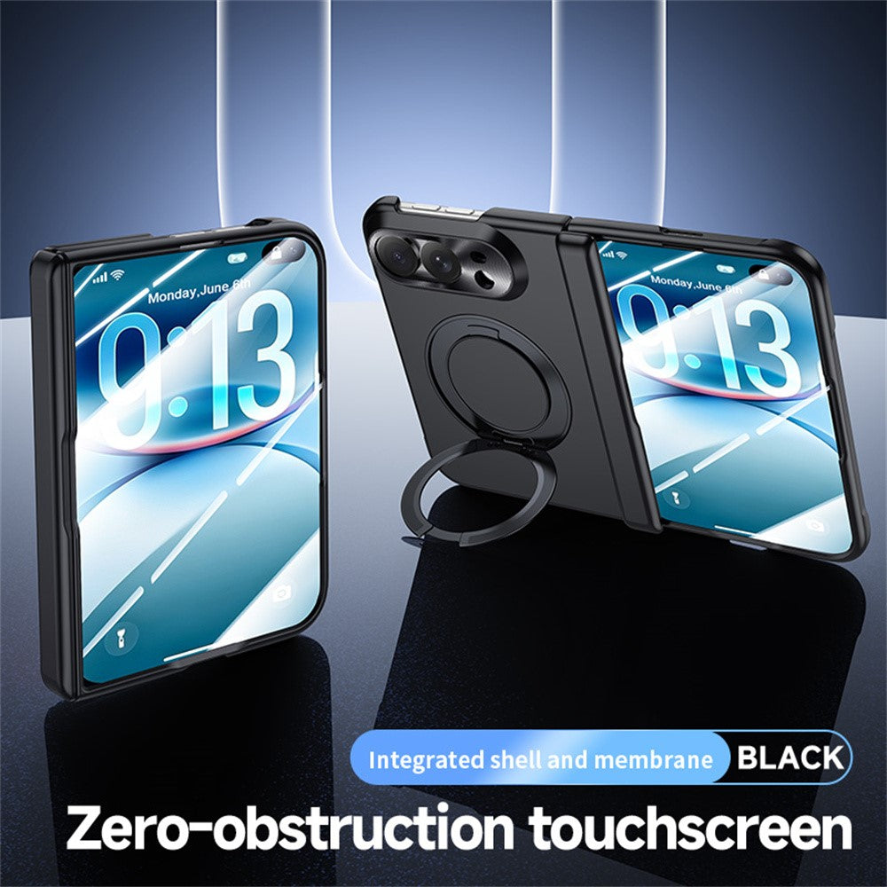 For iPhone Duo Case Magnetic Rotating Kickstand Hard PC Phone Cover with HD Clear Tempered Glass Film