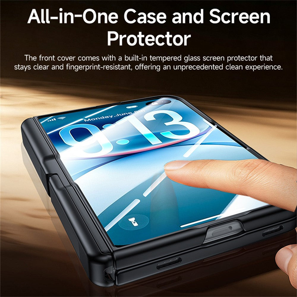 Til iPhone Fold magnetisk etui med HD klar hærdet glasfilm fjederhængsel støtteben hudtekstureret PC telefoncover