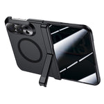 For iPhone Duo Magnetic Case with Anti-Spy Tempered Glass Film Spring Hinge Kickstand Skin-textured PC Phone Cover
