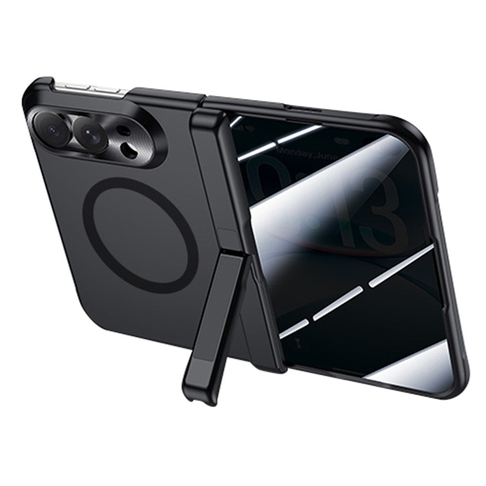 For iPhone Duo Magnetic Case with Anti-Spy Tempered Glass Film Spring Hinge Kickstand Skin-textured PC Phone Cover