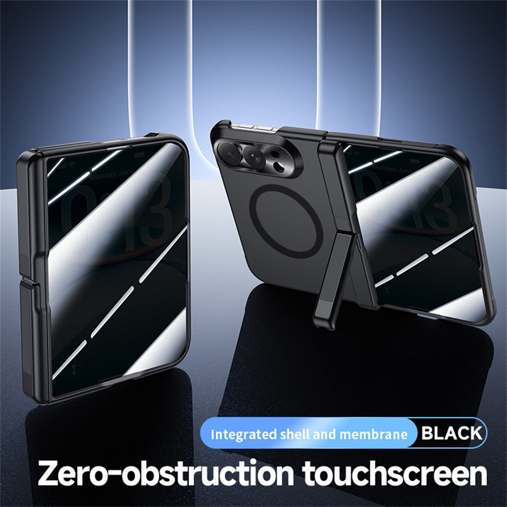 For iPhone Duo Magnetic Case with Anti-Spy Tempered Glass Film Spring Hinge Kickstand Skin-textured PC Phone Cover