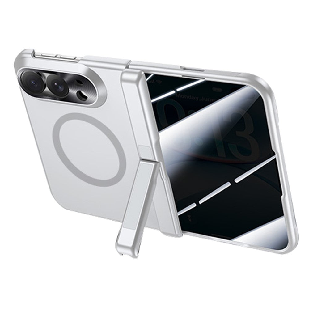 For iPhone Duo Magnetic Case with Anti-Spy Tempered Glass Film Spring Hinge Kickstand Skin-textured PC Phone Cover