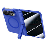 For iPhone Duo Magnetic Case with Anti-Spy Tempered Glass Film Spring Hinge Kickstand Skin-textured PC Phone Cover