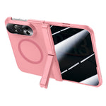 For iPhone Duo Magnetic Case with Anti-Spy Tempered Glass Film Spring Hinge Kickstand Skin-textured PC Phone Cover