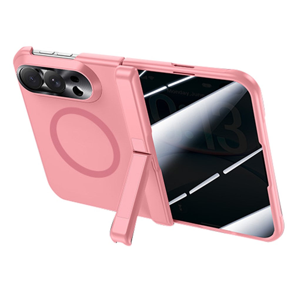 For iPhone Duo Magnetic Case with Anti-Spy Tempered Glass Film Spring Hinge Kickstand Skin-textured PC Phone Cover