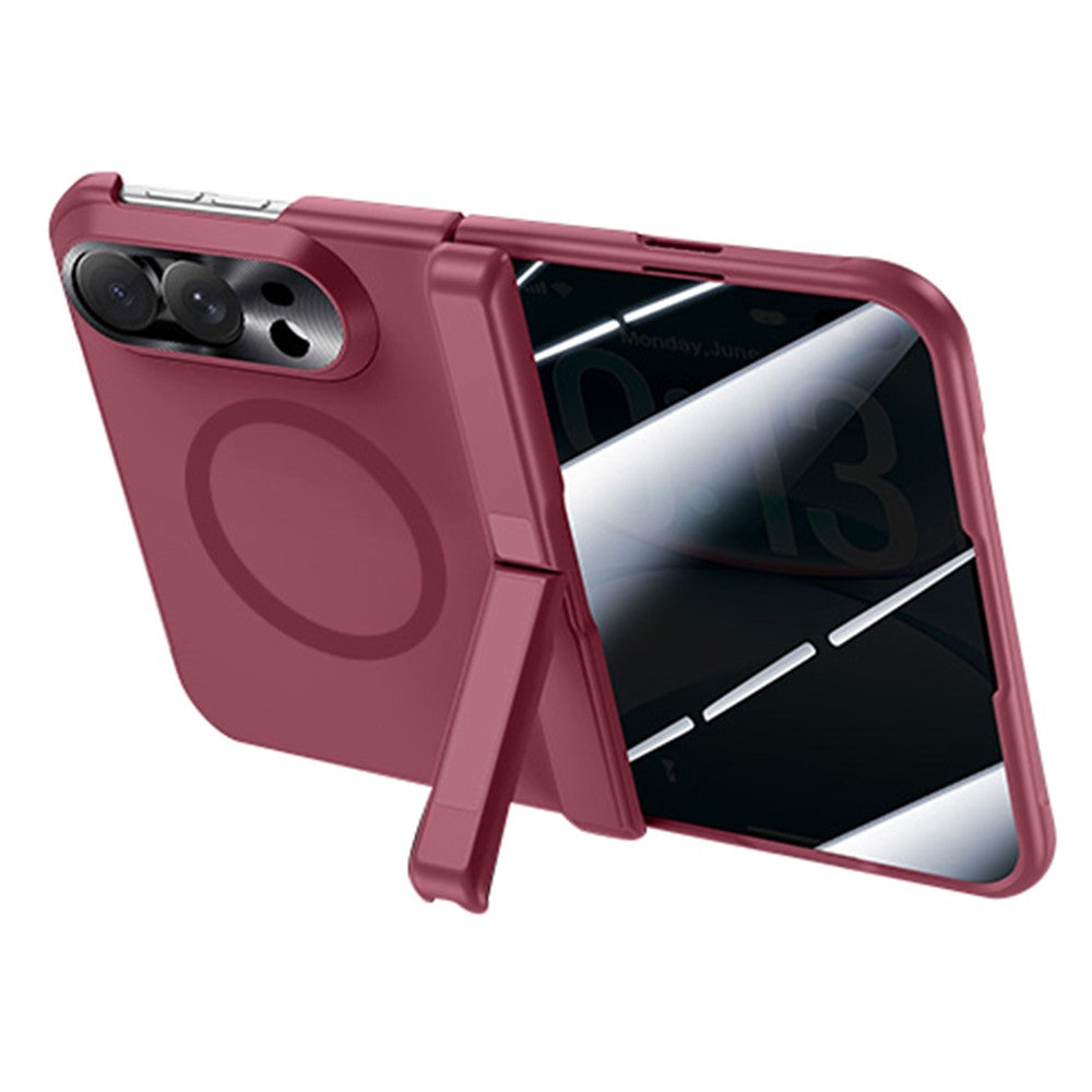 For iPhone Duo Magnetic Case with Anti-Spy Tempered Glass Film Spring Hinge Kickstand Skin-textured PC Phone Cover