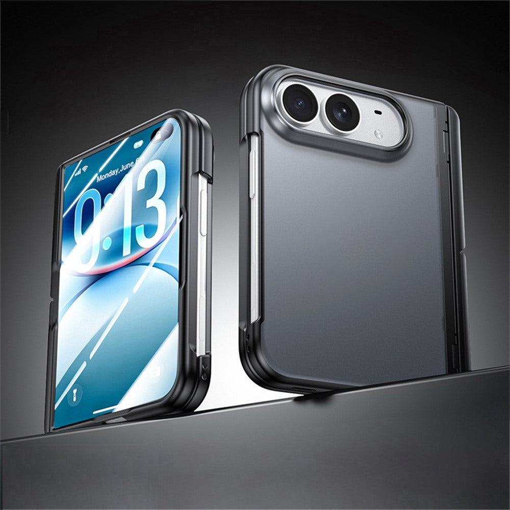 For iPhone Fold Case with HD Tempered Glass Film Hinge Kickstand Matte PC + TPU Ultra-Thin Phone Cover