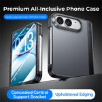 For iPhone Fold Case with HD Tempered Glass Film Hinge Kickstand Matte PC + TPU Ultra-Thin Phone Cover