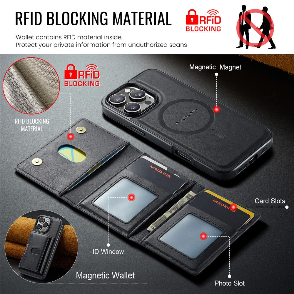 MAGKING K5 til iPhone 16 Pro Cover RFID Blokerende 8 Kortlommer PU Læder Telefon Bagside Cover