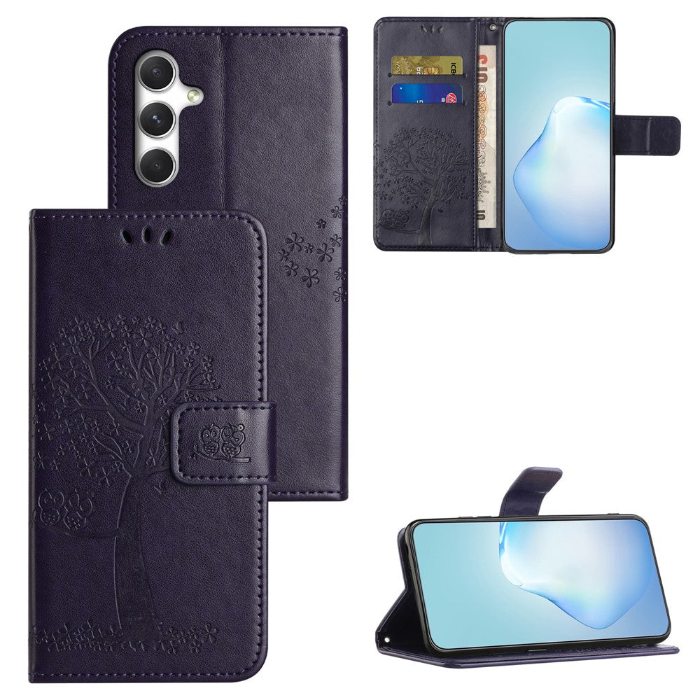For Samsung Galaxy S26 FE Case PU Leather Owl Tree Imprinted Wallet Phone Cover with Strap