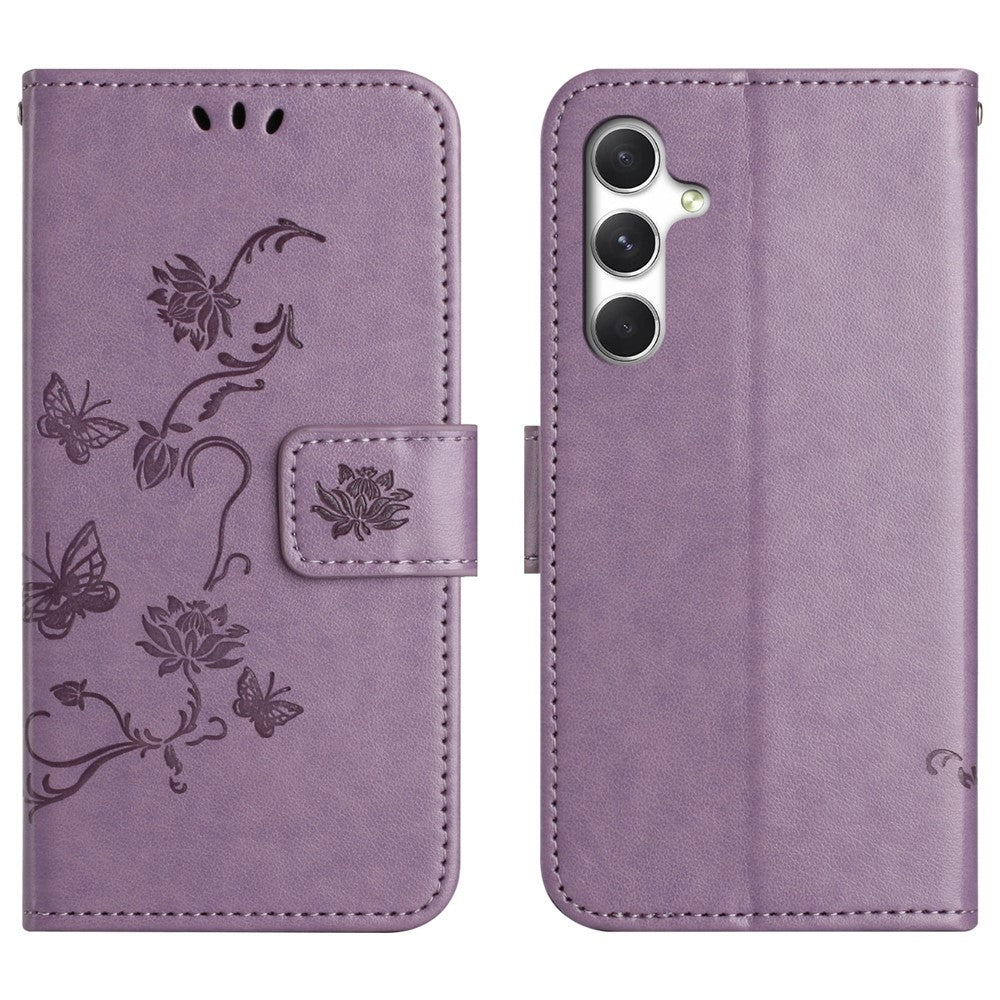 For Samsung Galaxy S26 FE Case Wallet Stand Imprinted Butterfly Flower PU Leather Phone Cover with Hand Strap