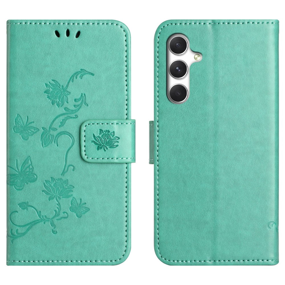 Samsung Galaxy S26 FE-cover, pungcover med trykt sommerfugleblomst i PU-læder og håndledsrem