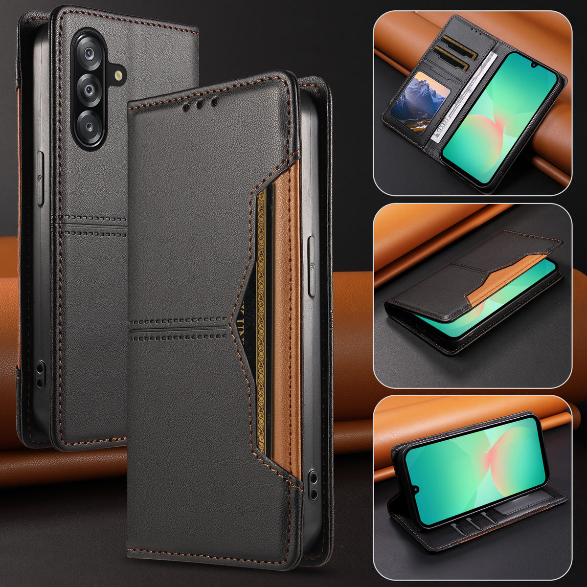 Samsung Galaxy A18 5G / A18 4G A17 5G / A17 4G / A26 5G / A16 5G / A16 4G Plånboksfodral Extern kortplats Magnetiskt stängande lädermobilskal