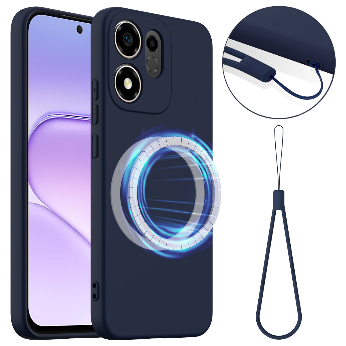 For Honor X7e Plus 5G / Honor 600 Smart 5G Magnetic Case Anti-Drop Liquid Silicone Phone Cover with Lanyard