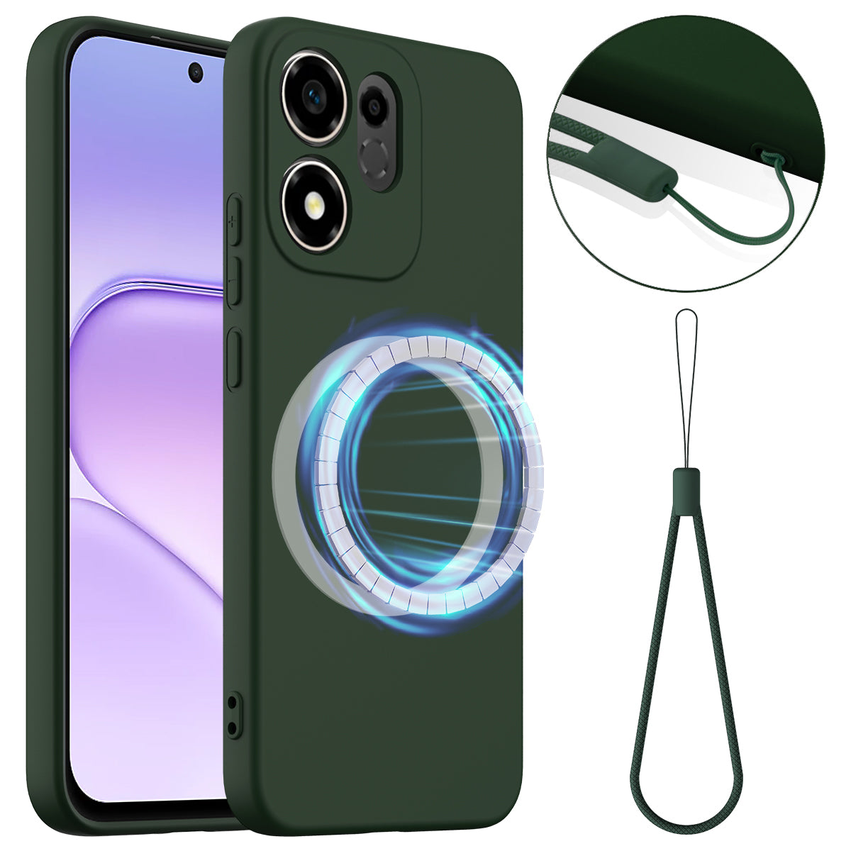 For Honor X7e Plus 5G / Honor 600 Smart 5G Magnetic Case Anti-Drop Liquid Silicone Phone Cover with Lanyard