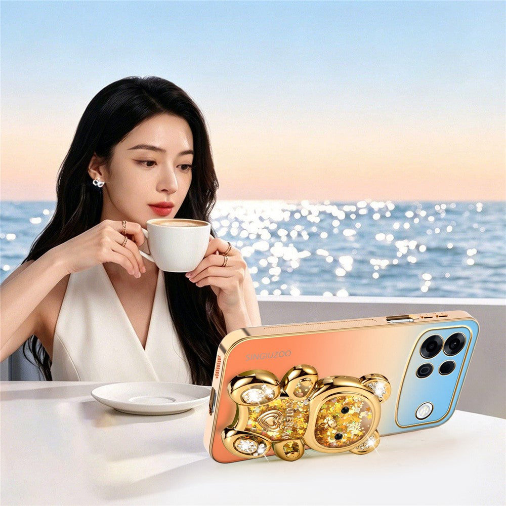 SINGIUZOO for Oppo A7 Pro Max 5G Case Glitter Bear Kickstand Electroplated Gradient Color PC + TPU Phone Cover