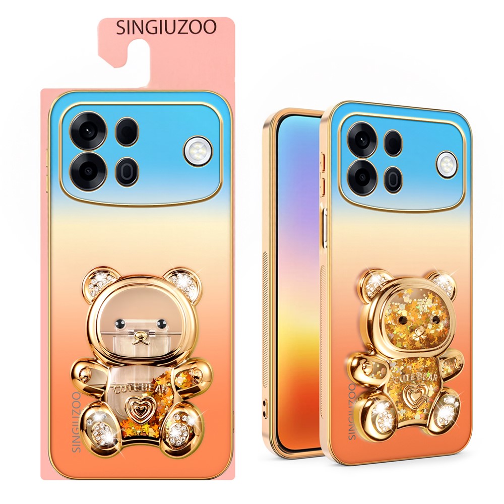 SINGIUZOO for Oppo A7 Pro Max 5G Case Glitter Bear Kickstand Electroplated Gradient Color PC + TPU Phone Cover