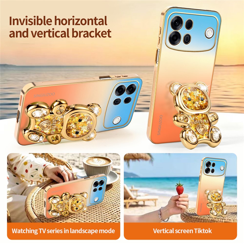 SINGIUZOO for Oppo A7 Pro Max 5G Case Glitter Bear Kickstand Electroplated Gradient Color PC + TPU Phone Cover