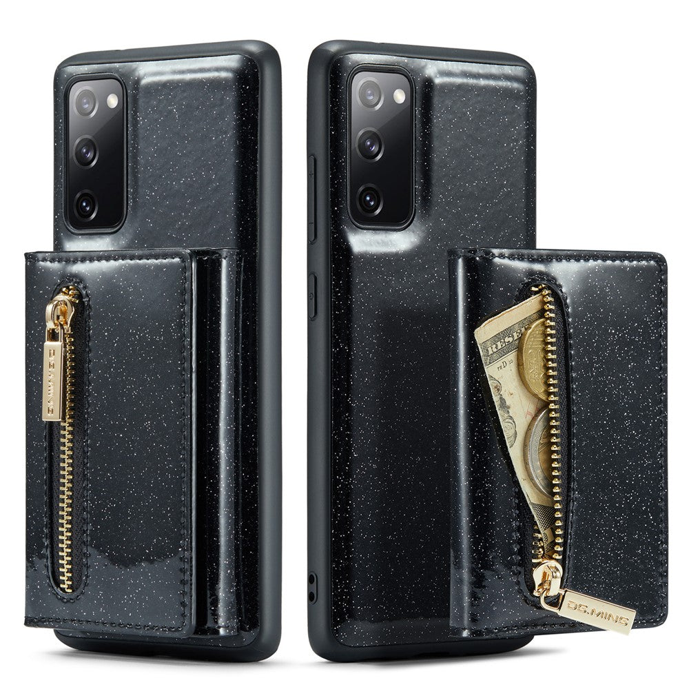 DG.MING M3-serien för Samsung Galaxy S20 FE 4G / 5G / S20 FE 2022 / S20 Lite 2-i-1 glittrigt PU-läderbelagt PC+TPU-bakskal med stativdesign, magnetisk, avtagbar dragkedja, plånboksfodral