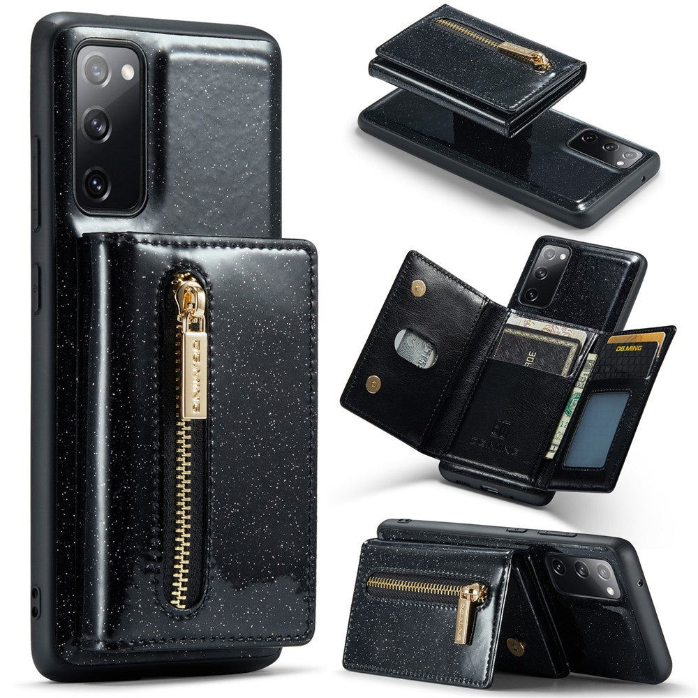 DG.MING M3-serien för Samsung Galaxy S20 FE 4G / 5G / S20 FE 2022 / S20 Lite 2-i-1 glittrigt PU-läderbelagt PC+TPU-bakskal med stativdesign, magnetisk, avtagbar dragkedja, plånboksfodral