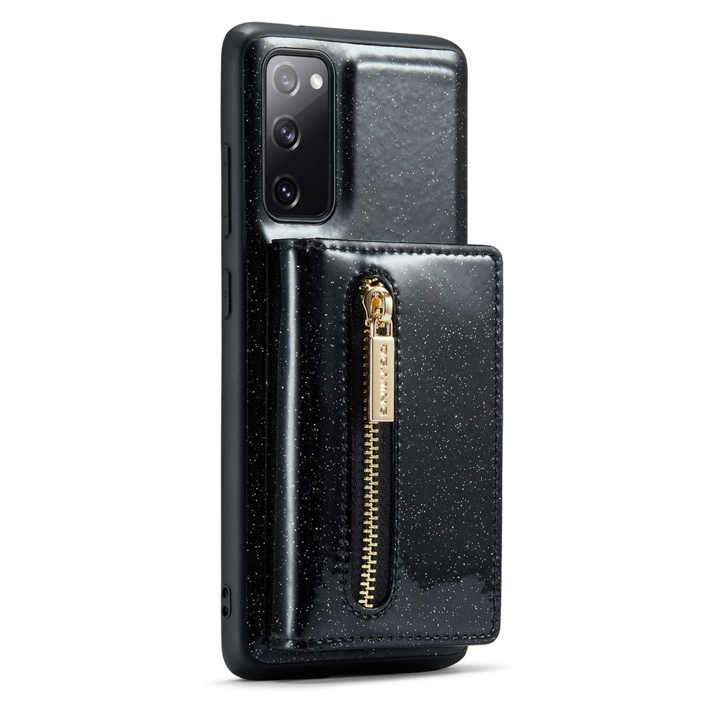 DG.MING M3-serien för Samsung Galaxy S20 FE 4G / 5G / S20 FE 2022 / S20 Lite 2-i-1 glittrigt PU-läderbelagt PC+TPU-bakskal med stativdesign, magnetisk, avtagbar dragkedja, plånboksfodral