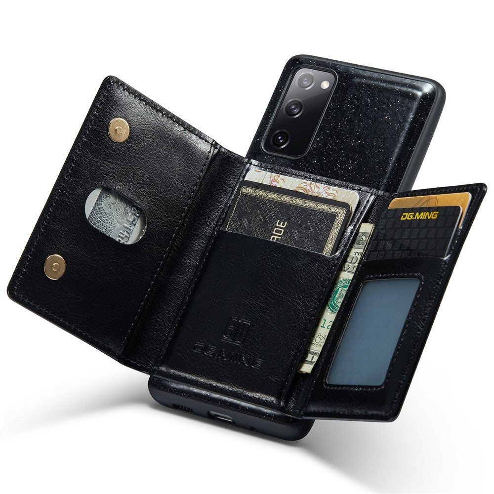 DG.MING M3-serien för Samsung Galaxy S20 FE 4G / 5G / S20 FE 2022 / S20 Lite 2-i-1 glittrigt PU-läderbelagt PC+TPU-bakskal med stativdesign, magnetisk, avtagbar dragkedja, plånboksfodral