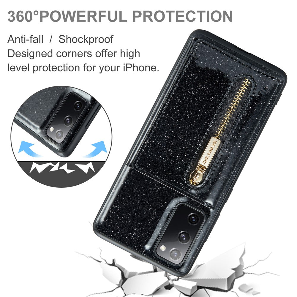 DG.MING M3-serien för Samsung Galaxy S20 FE 4G / 5G / S20 FE 2022 / S20 Lite 2-i-1 glittrigt PU-läderbelagt PC+TPU-bakskal med stativdesign, magnetisk, avtagbar dragkedja, plånboksfodral