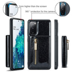 DG.MING M3-serien för Samsung Galaxy S20 FE 4G / 5G / S20 FE 2022 / S20 Lite 2-i-1 glittrigt PU-läderbelagt PC+TPU-bakskal med stativdesign, magnetisk, avtagbar dragkedja, plånboksfodral