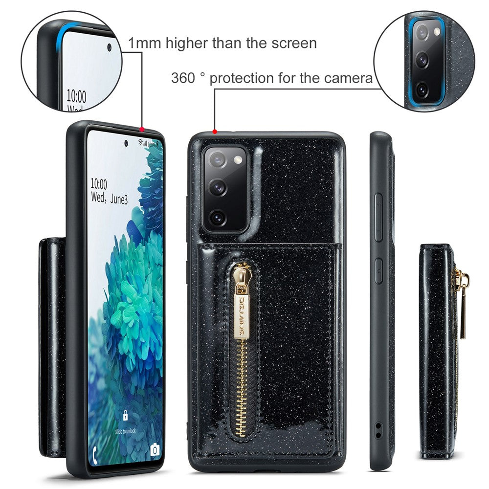 DG.MING M3-serien för Samsung Galaxy S20 FE 4G / 5G / S20 FE 2022 / S20 Lite 2-i-1 glittrigt PU-läderbelagt PC+TPU-bakskal med stativdesign, magnetisk, avtagbar dragkedja, plånboksfodral