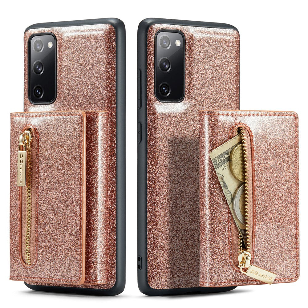 DG.MING M3-serien för Samsung Galaxy S20 FE 4G / 5G / S20 FE 2022 / S20 Lite 2-i-1 glittrigt PU-läderbelagt PC+TPU-bakskal med stativdesign, magnetisk, avtagbar dragkedja, plånboksfodral