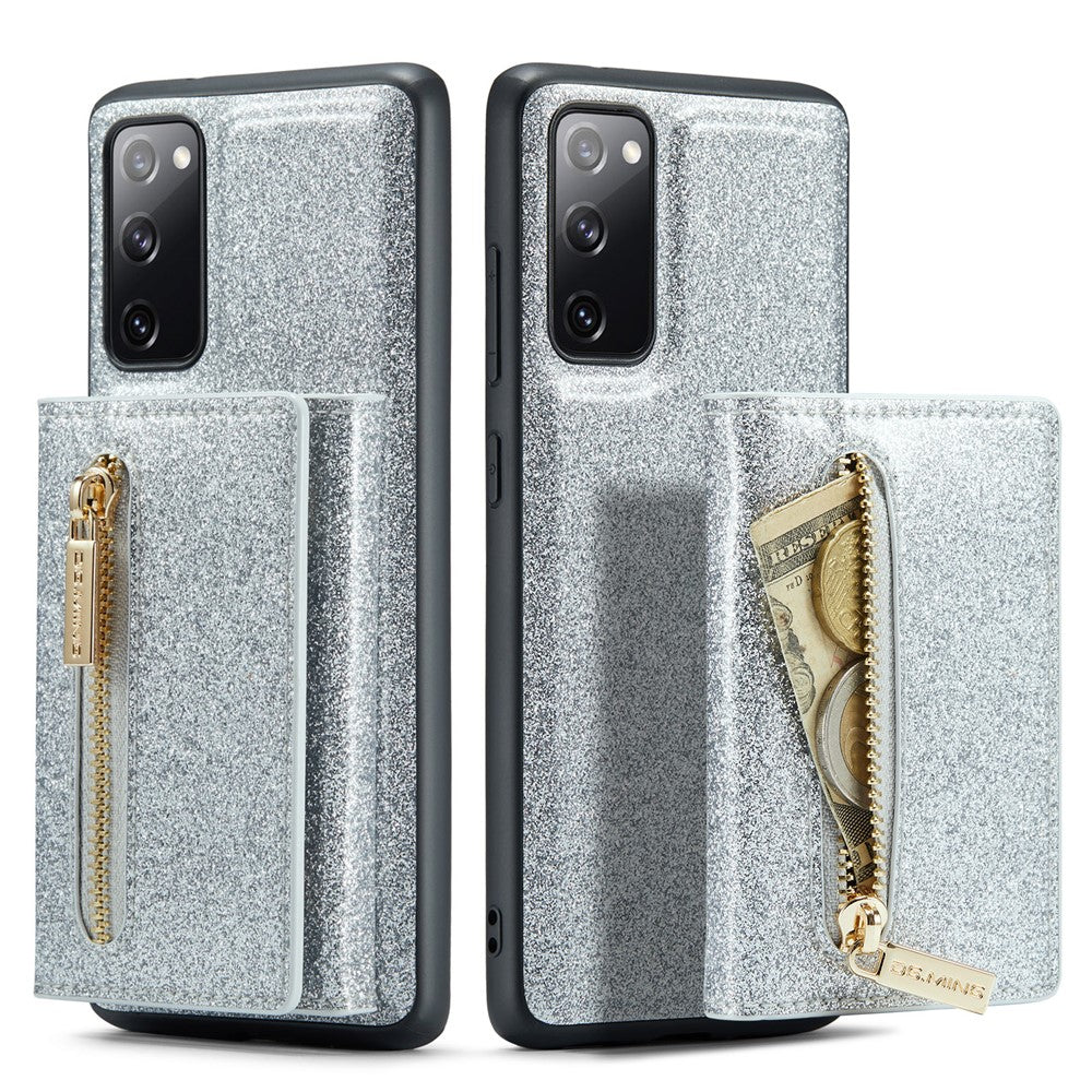DG.MING M3-serien för Samsung Galaxy S20 FE 4G / 5G / S20 FE 2022 / S20 Lite 2-i-1 glittrigt PU-läderbelagt PC+TPU-bakskal med stativdesign, magnetisk, avtagbar dragkedja, plånboksfodral