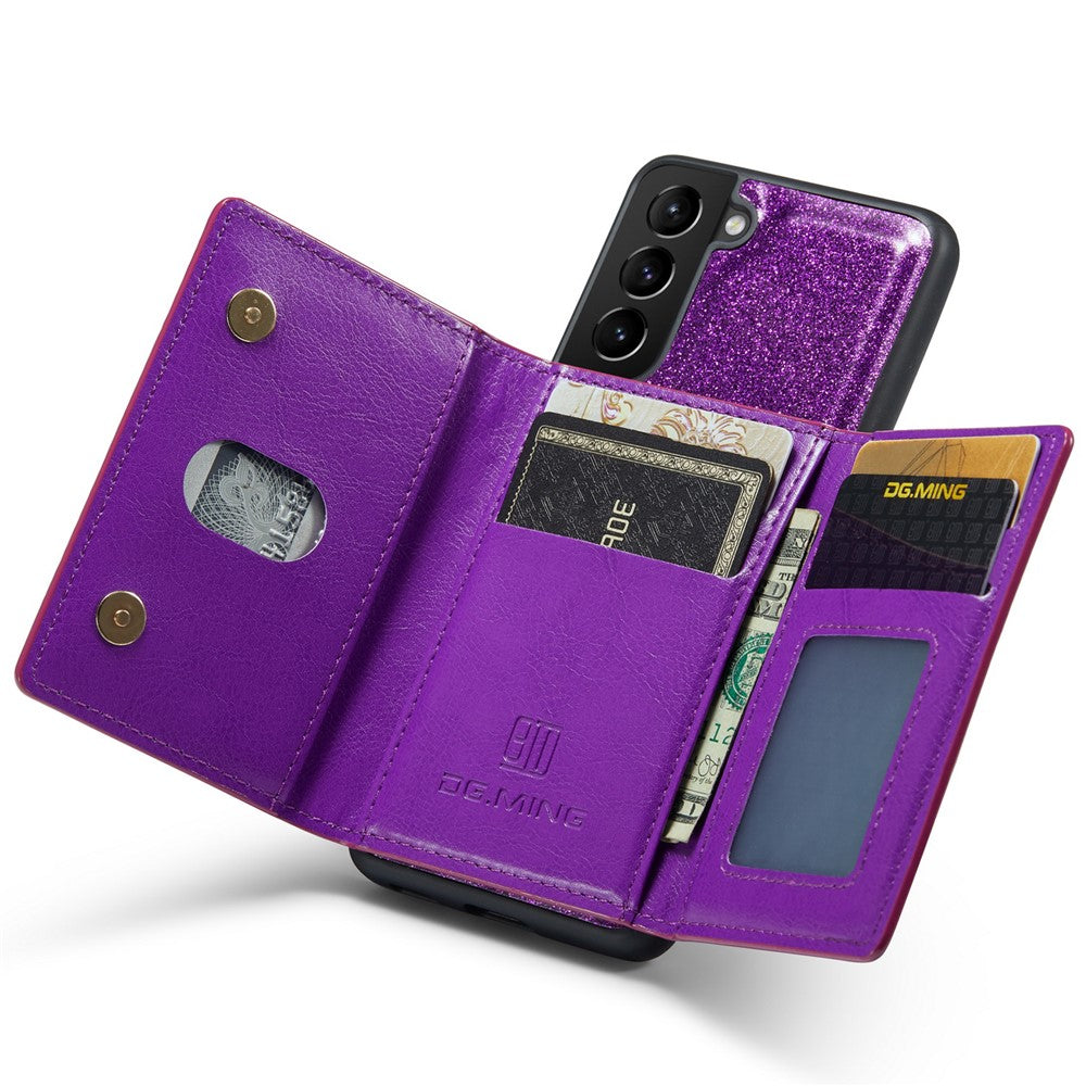 DG.MING M3-serien för Samsung Galaxy S21 4G / 5G 2-i-1 glittrigt PU-läderbelagt PC+TPU fallskyddande baksida magnetiskt avtagbart dragkedja plånboksfodral med stativ