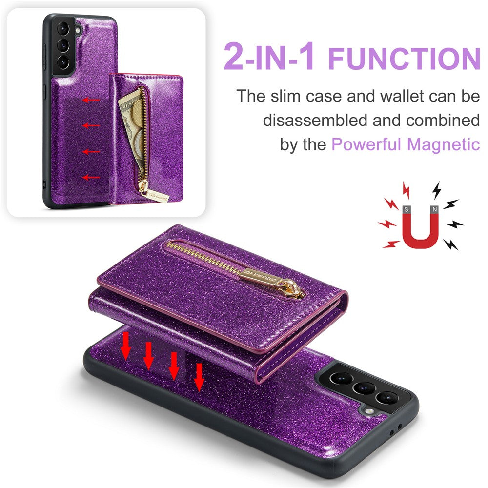 DG.MING M3-serien för Samsung Galaxy S21 4G / 5G 2-i-1 glittrigt PU-läderbelagt PC+TPU fallskyddande baksida magnetiskt avtagbart dragkedja plånboksfodral med stativ