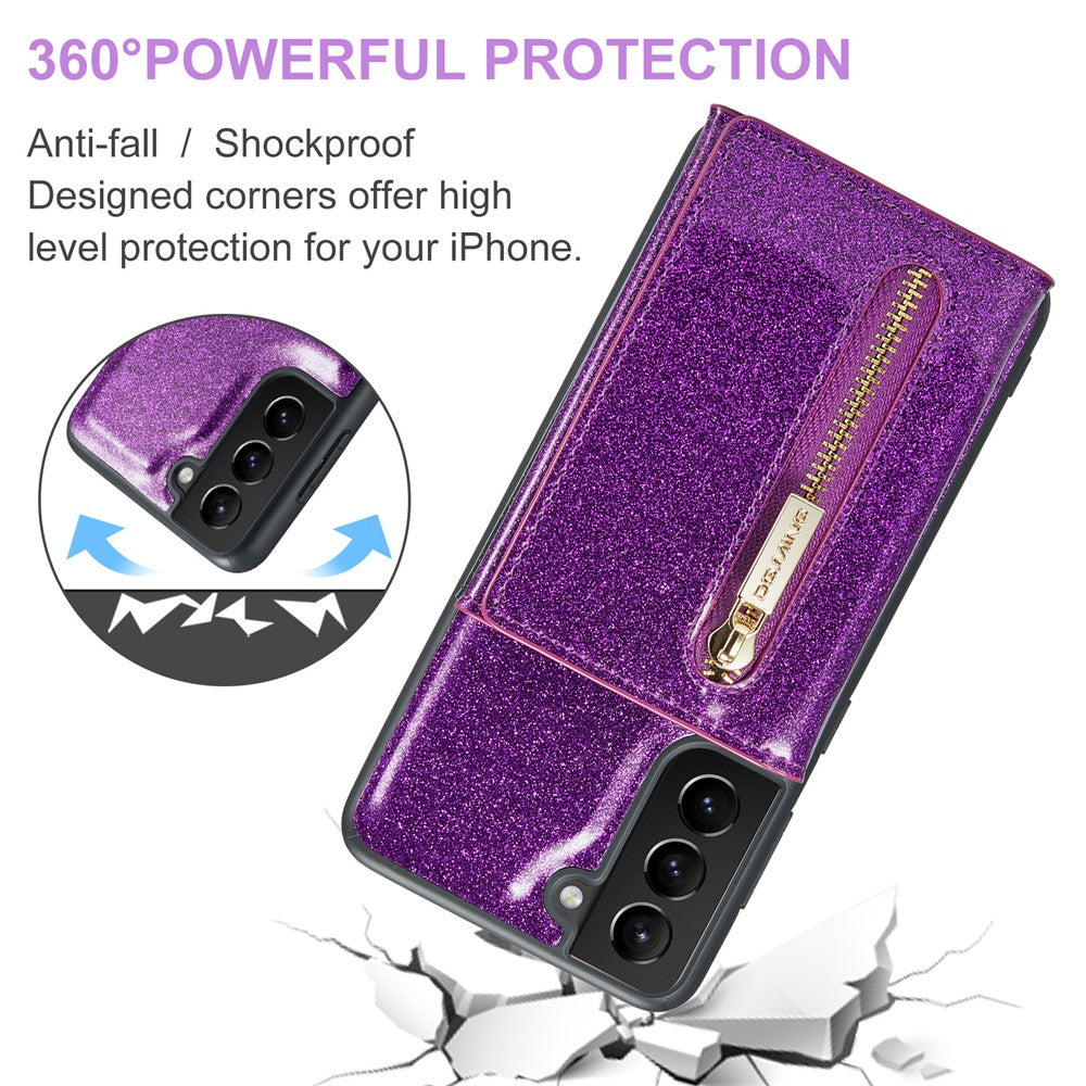 DG.MING M3-serien för Samsung Galaxy S21 4G / 5G 2-i-1 glittrigt PU-läderbelagt PC+TPU fallskyddande baksida magnetiskt avtagbart dragkedja plånboksfodral med stativ